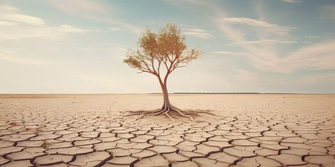 minimalistic design Tree on cracked ground due to drought and global warming