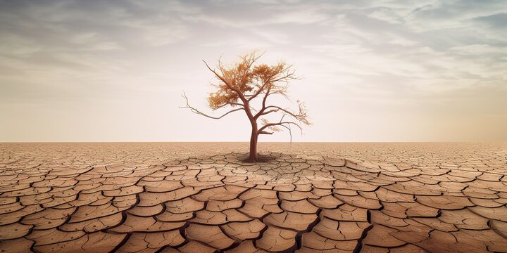 minimalistic design Tree on cracked ground due to drought and global warming © Poulami