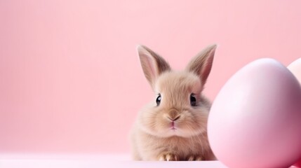 Cute bunny and easter egg on pastel pink background