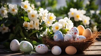 Easter eggs in pastel colors and spring flowers on a white background
