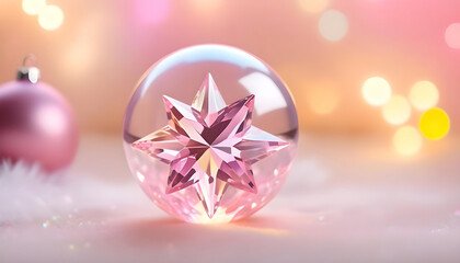 Crystal clear glass ball pink star inside with christmas background with copy space, banner, holiday or birthday