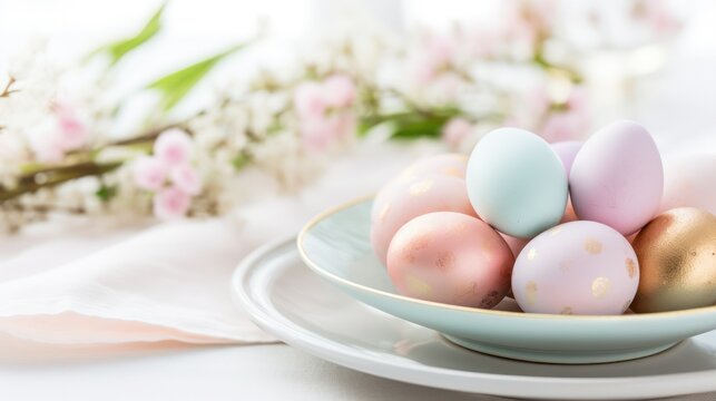 Easter eggs in pastel colors and spring flowers on a white background