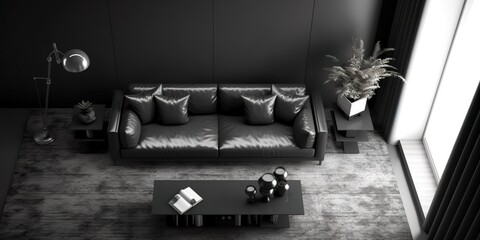minimalistic design Top view Black minimalist Interior of modern living room 3D rendering