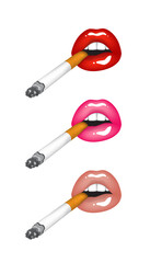 Beautiful sexy, plump glossy female lips with a cigarette in bright red, pink and beige nude colors. Set of isolated vector illustrations
