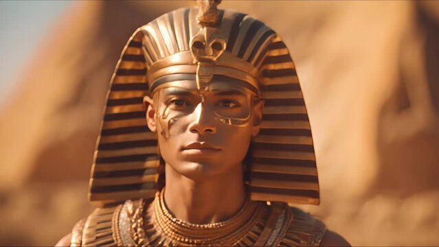 Close-up portrait of an Egyptian pharaoh in royal attire and his entourage. Ancient Egypt concept. Ai-generated.