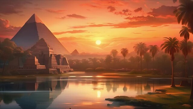 Landscape with ancient Egyptian pyramids, beautiful sky and sunset. The concept of ancient history. AI-generated.