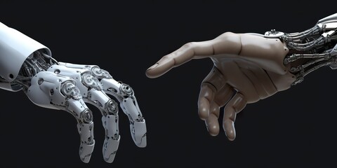 Fototapeta na wymiar minimalistic design White cyborg hand about to touch human hand 3D rendering