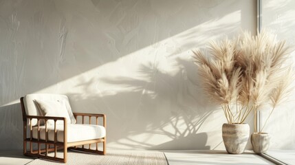 Beautiful shades of neutral pampas grass and reeds makes for an aesthetic background with sunlight casting shadows on the wall giving