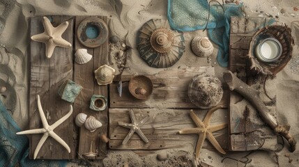 sea objects on wooden boards, creating a rustic beach decor on a sandy background. Perfect for conveying coastal charm. Purchase exclusive stock photos now!"