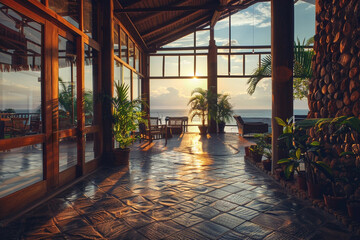 Open eco-lodge hotel room with ocean view at sunrise - 743994036