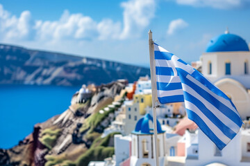 Greece independace day, Santorini and national flag in blue sky