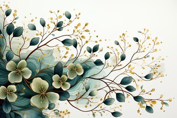 minimalistic design Watercolor seamless border - illustration with green gold leaves and branches,
