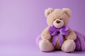 Teddy bear with purple ribbon. Epilepsy awareness day - 743994262