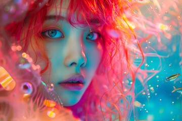 Fantasy fashion korean model under water. Pink hair mermaid - 743994285
