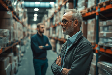 Businessman looking at colleagues standing in warehouse