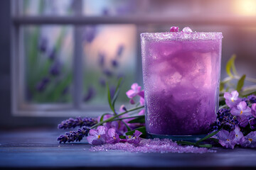 Glass of homemade lavender sugar with lavender.
