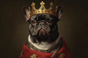 king dog in his crown being so serious and self proud - obrazy, fototapety, plakaty