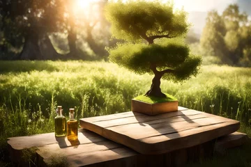 Foto op Plexiglas anti-reflex A charming scene with a tree table wood podium in a farm setting, creating a natural display for products like food or perfume.  © RUK Collections