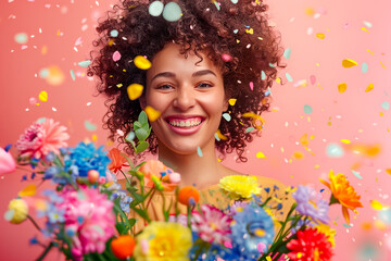 Happy smiling young african american woman with flowers and confetti. Festive mood with pastel pink background, spring women's day concept. AI generative.