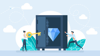 The diamond is hidden in a safe. Tiny people keep talent. Bank vault, safe depository box infographic concept. Man puts diamond valuables to depositary. Vector illustration 