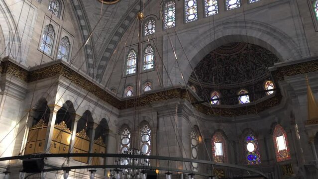 Panning the upper interior and ceiling of Nuruosmaniye Mosque