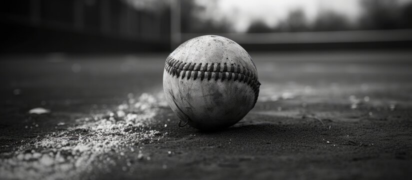 A black and white photo capturing a baseball lying on the ground, showcasing the simplicity of this school sports letter.