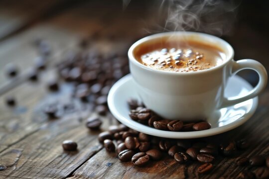 Taza de café caliente con granos de cafe esparcidos alrededor