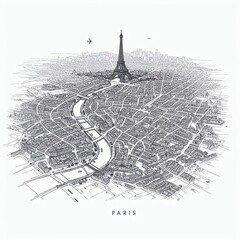 A vivid drawing depicting the cityscape of Paris, with a prominent and detailed representation of the Eiffel Tower.