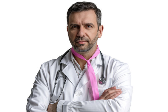 Sad man oncologist with white coat, pink ribbon, report on white background. This PNG file, with an isolated cutout object on a transparent background