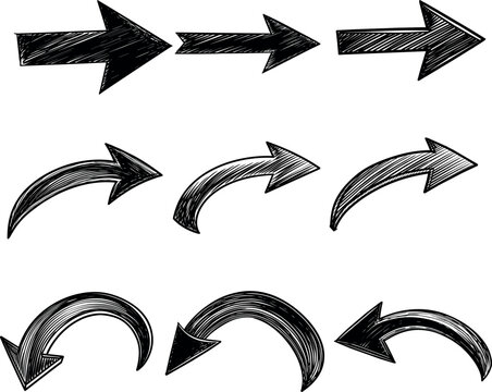 Set de flechas negras de rotulador. Flechas pintadas con rotulador negro. Vector de flechas gruesas. Pincel de flecha grunge.