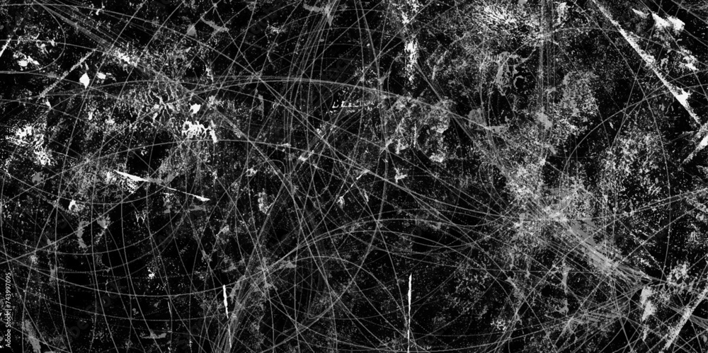 Poster grunge background. traces of scratches. acrylic abstract lines with wave swirl curve on pour black a