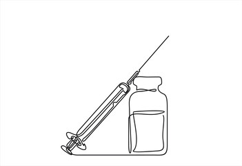 Fototapeta premium One continuous line drawing of medicine of syringe and vial. Pharmaceutical components and vaccine symbol in a simple linear style. Doodle outline vector illustration