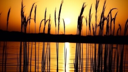 Breathtaking sunset view over lake through elegant stems with graceful panicles - obrazy, fototapety, plakaty