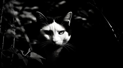 Monochrome portrait of a surly black and white cat peeking out from the green bushes