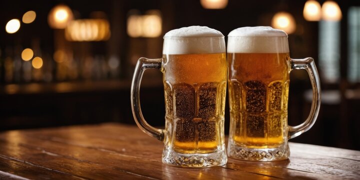 Two mugs of beer with foam in a bar