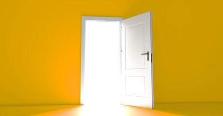 Open the door. Symbol of new career, opportunities, business ventures and initiative. Business concept. 3d render, white light inside open door isolated on yellow background. Modern minimal concept.