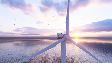 Offshore wind turbines farm on the ocean. Sustainable energy production, clean power. Close-up wind...