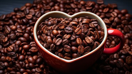 A red heart-shaped cup with aromatic coffee beans stands on coffee beans scattered on a dark surface