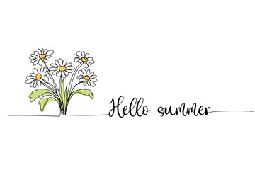 Hello summer, bouquet of daisy flowers line art drawing, One continuous line drawing and text. for postcard design