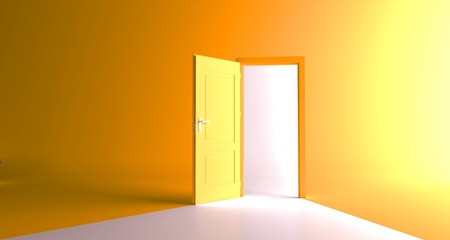Open the door. Symbol of new career, opportunities, business ventures and initiative. Business concept. 3d render, white light inside open door isolated on yellow background. Modern minimal concept.	
