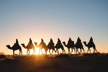 Silhouette people riding camels in desert native tuareg arabic african person Sahara wildlife...
