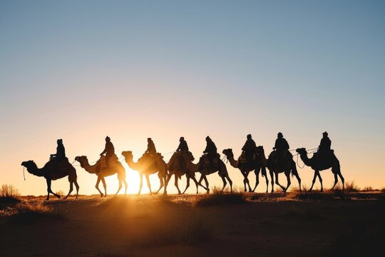 Silhouette people riding camels in desert native tuareg arabic african person Sahara wildlife tourist attraction Dubai arab tour sunset caravan adventure long journey tour dune sun Bible story Quran