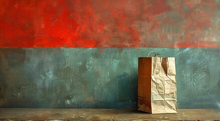 A forgotten brown bag sits on a table, surrounded by vibrant walls and a colorful painting, symbolizing the intersection of mundane objects and the beauty of art