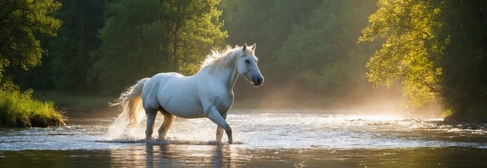 A white horse runs through the shallow waters of a fast and clear river. A lot of splashing from under the hooves. Foggy morning, sun rays through fog. Vibrant colors