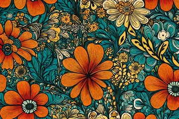 Foto op Canvas Zoomed-in on a section of a groovy 60s-inspired floral print on a fabric, highlighting its intricate and bold design. © RUK Collections