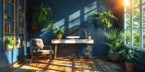 A serene indoor scene where a computer sits on a wooden desk, surrounded by lush houseplants in flowerpots, with sunlight streaming in from the nearby window, casting a warm glow on the room's furnit