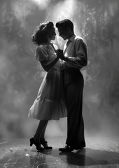 Man and woman in 1940s style dancing together against a misty background
