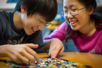 Smiling teenagers playing puzzles and solving brain exercises