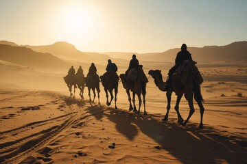 Silhouette people riding camels in desert native tuareg arabic african person Sahara wildlife...