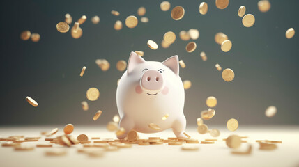 Piggy Bank with Money Coins Falling, Financial Savings Concept - obrazy, fototapety, plakaty